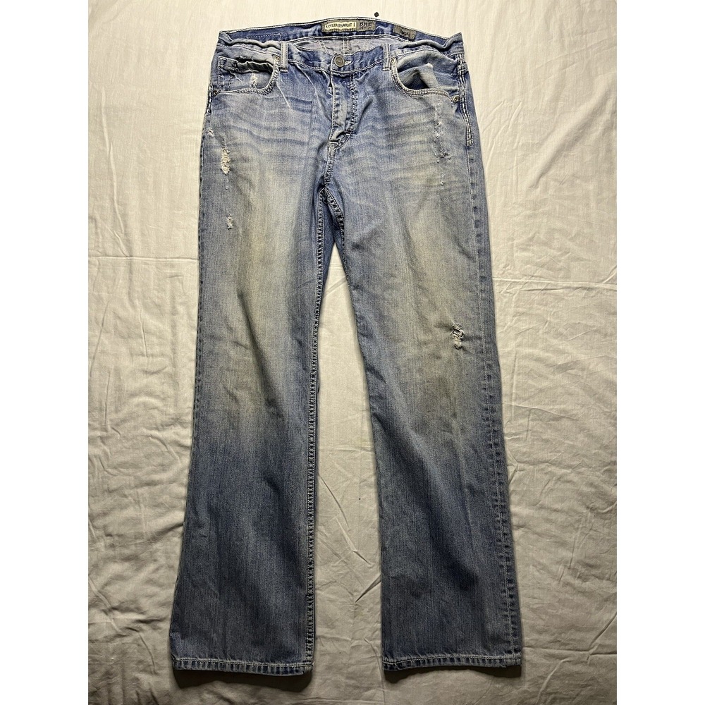 BKE Denim Jeans Men's SZ 36L X 33 Blue Tyler Stretch Relaxed Straight Distressed